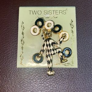 Beautiful Handcrafted Clown Brooch Cream, Black and Gold.